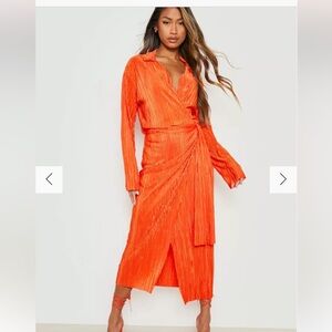 Boohoo plisse wrap shirt dress in hot pink